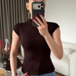 Brown Ribbed Cap Sleeve Mock Neck Top