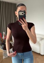 Brown Ribbed Cap Sleeve Mock Neck Top