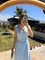 Sleeveless Blue Belted Midi Dress - Image 2