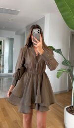 Khaki Long Sleeve Ruffle Mini Dress - Image 2