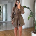 Khaki Long Sleeve Ruffle Mini Dress