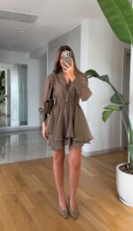 Khaki Long Sleeve Ruffle Mini Dress