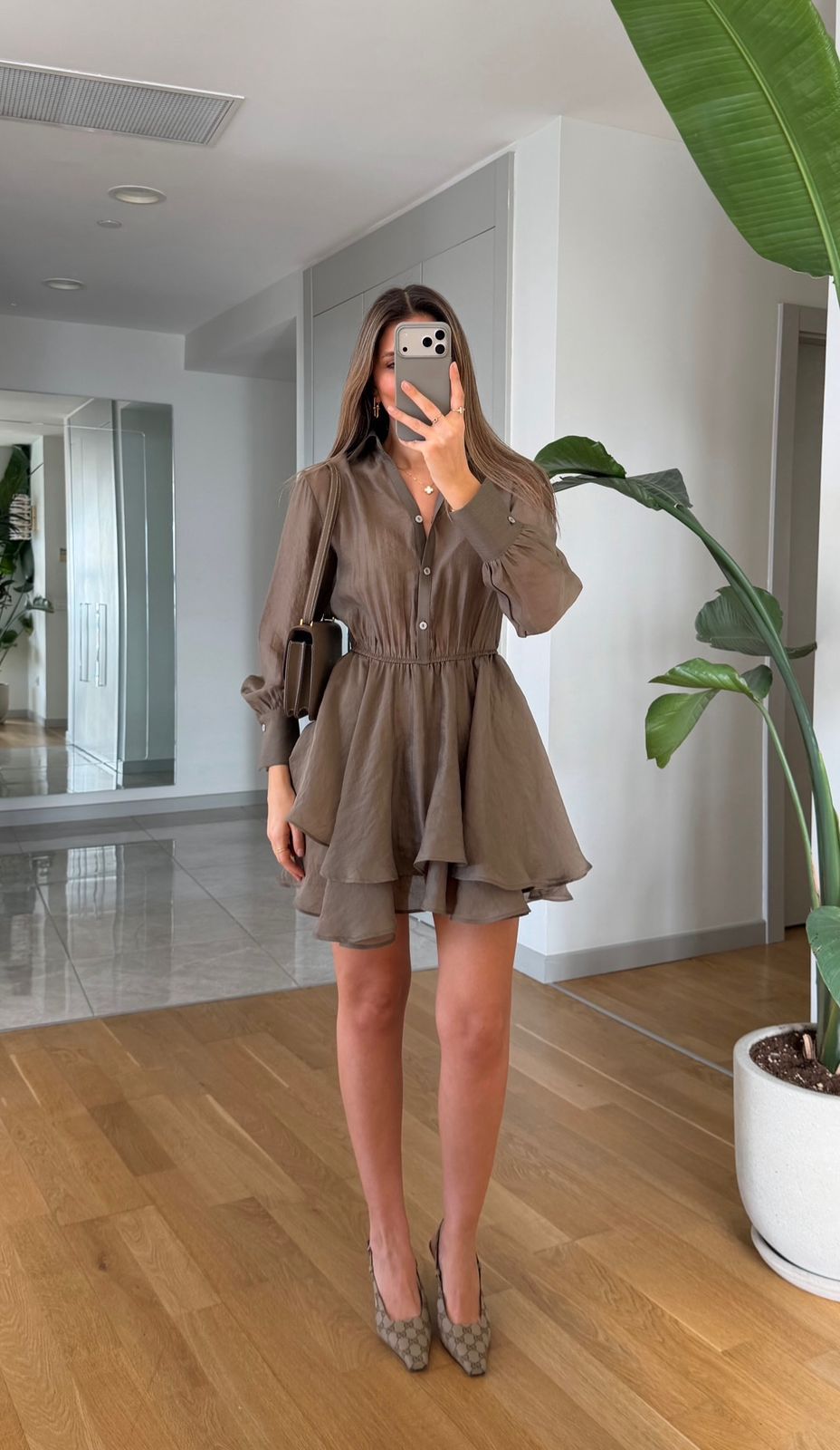 188be314-7ef0-45dc-bda4-61e69330e27c Khaki Long Sleeve Ruffle Mini Dress - Image 1