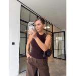 Brown Ribbed Knit Lace Trim Tank Top - Image 3
