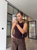 Brown Ribbed Knit Lace Trim Tank Top - Image 3