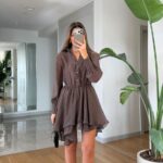 Brown Long Sleeve Ruffle Mini Dress