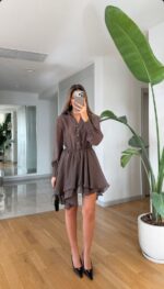 Brown Long Sleeve Ruffle Mini Dress