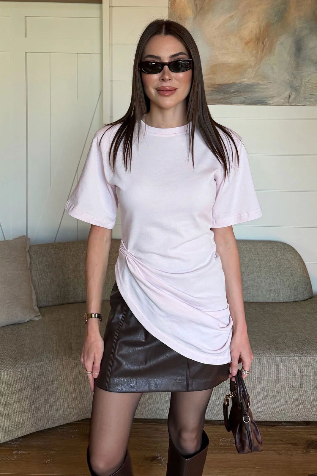 31e53afe-38dd-4a8c-8361-c3b23a0504bd Light Pink Ruched Asymmetric T-Shirt - Image 1