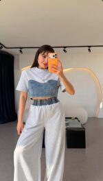 Denim Crop Top With Wide Leg Pants Set - Image 2