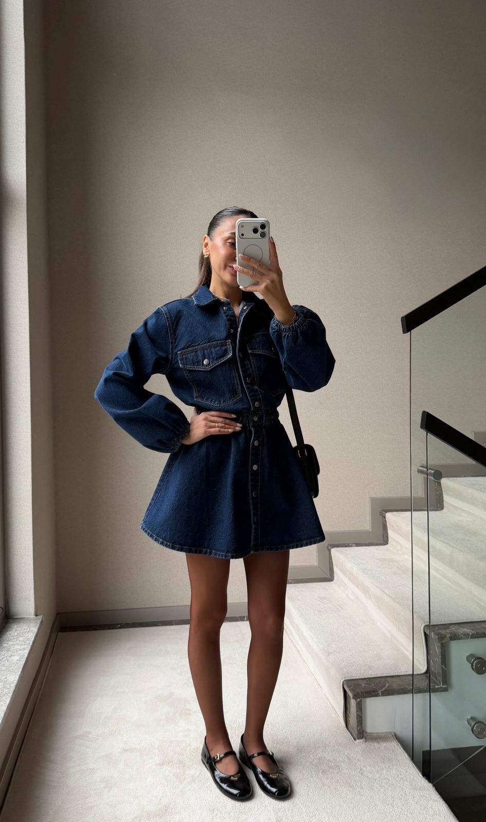 334f8412-5285-4c04-ac77-a88c09035aa2 Dark Blue Denim Button-Up Mini Dress - Image 1