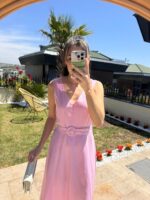 Sleeveless Pink Belted Midi Dress - Image 2
