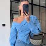Blue Asymmetric Off Shoulder Blouse