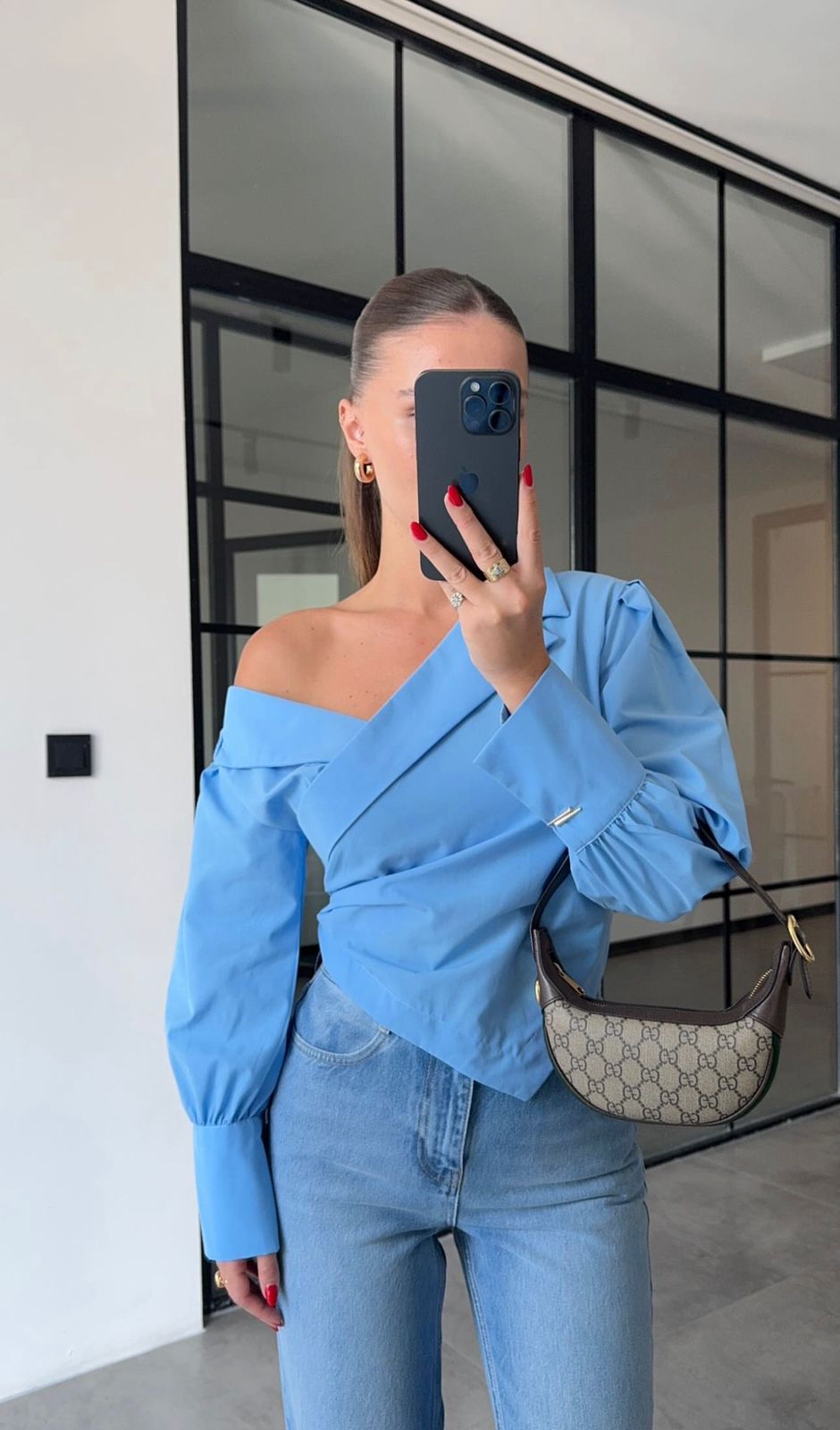 43d5f35a-10bc-4e4e-b136-757aa5a62499 Blue Asymmetric Off Shoulder Blouse - Image 1