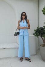 Women's Light Blue Sleeveless Pant Suit Set