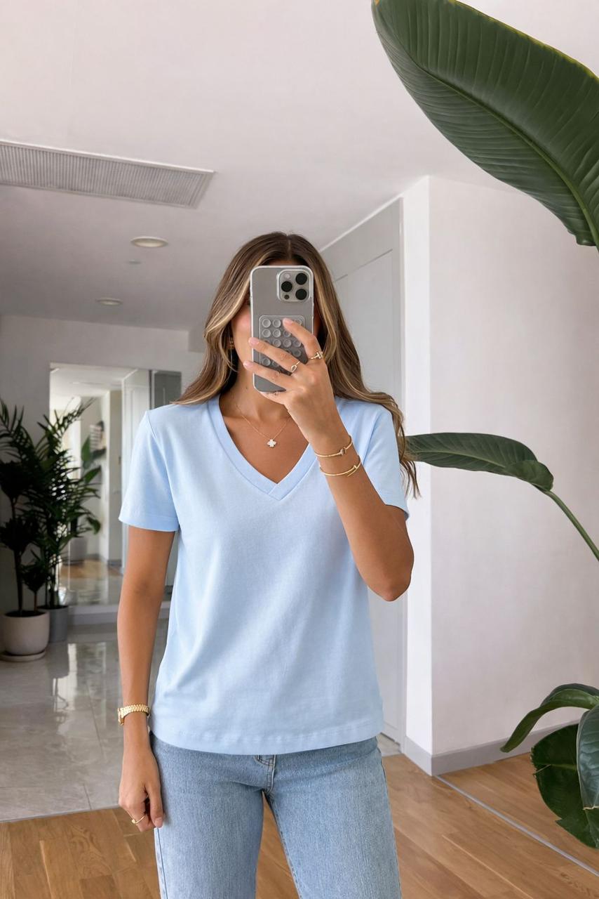 4e0baff4-c367-4bcf-ab30-2e555973c66b Light Blue V-Neck Short Sleeve T-Shirt - Image 1