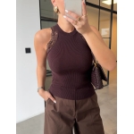 Brown Ribbed Knit Lace Trim Tank Top - Image 2