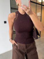 Brown Ribbed Knit Lace Trim Tank Top - Image 2