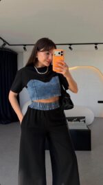 Denim Crop Top With Wide Leg Pants Set - Image 2