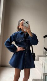 Dark Blue Denim Button-Up Mini Dress - Image 2