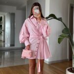 Pink Wrap Shirt Dress With Balloon Sleeves