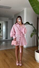 Pink Wrap Shirt Dress With Balloon Sleeves