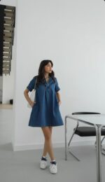 Short Sleeve Blue Denim Shirt Dress - Image 2