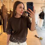 Brown Lace Trim Short Sleeve Blouse