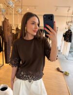 Brown Lace Trim Short Sleeve Blouse
