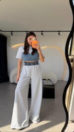 Denim Crop Top With Wide Leg Pants Set