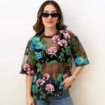 Sheer Black Floral Embroidered Top