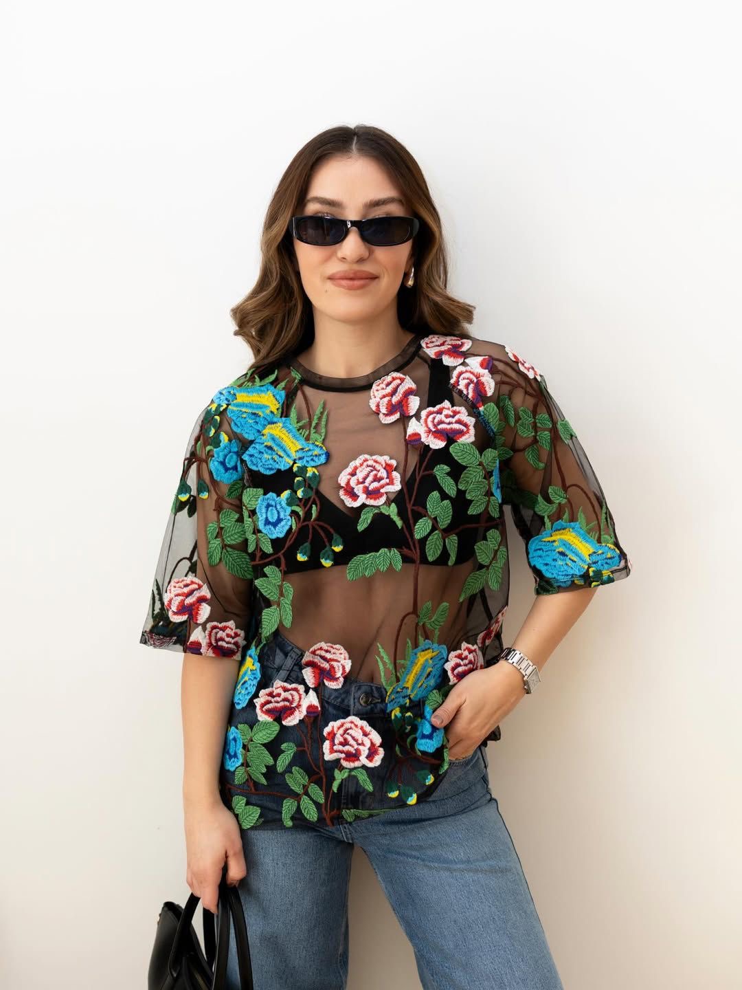 9837d808-c599-4462-8ade-d6c5e74de43b Sheer Black Floral Embroidered Top - Image 1