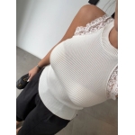 White Ribbed Knit Lace Trim Tank Top - Image 2