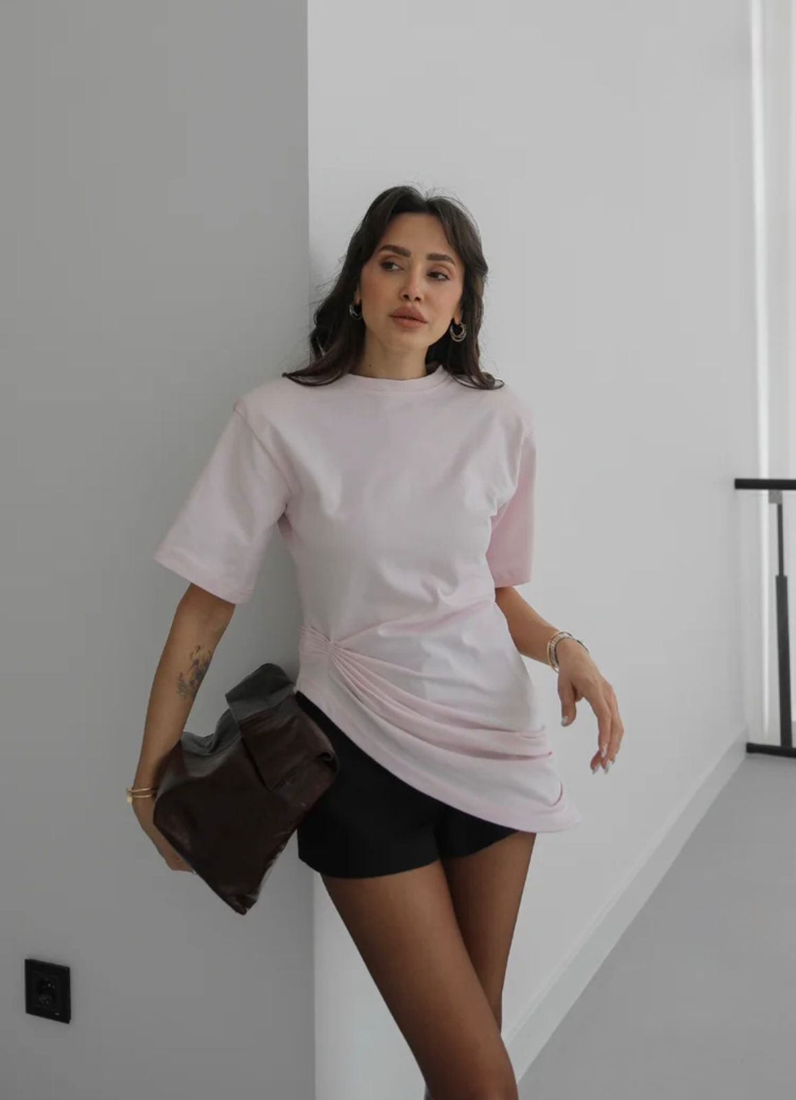 9d3a63e4-a6bd-48a8-9214-fd98dcb64b8c Light Pink Ruched Asymmetric T-Shirt - Image 1