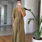 Olive Green V-Neck Midi Dress