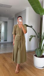 Olive Green V-Neck Midi Dress