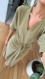 Olive Green V-Neck Midi Dress - Image 3
