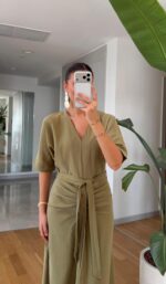 Olive Green V-Neck Midi Dress - Image 2
