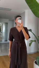 Brown V-Neck Midi Dress - Image 2