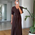 Brown V-Neck Midi Dress