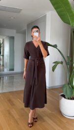Brown V-Neck Midi Dress