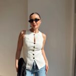 Sleeveless White Button Front Vest
