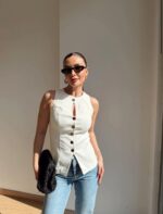 Sleeveless White Button Front Vest