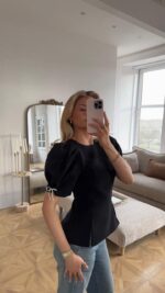 Black Puff Sleeve Peplum Top