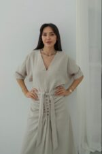 Beige Button Front Belted Midi Dress - Image 3