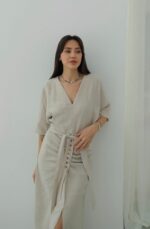 Beige Button Front Belted Midi Dress
