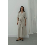 Beige Button Front Belted Midi Dress - Image 2