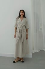 Beige Button Front Belted Midi Dress - Image 2