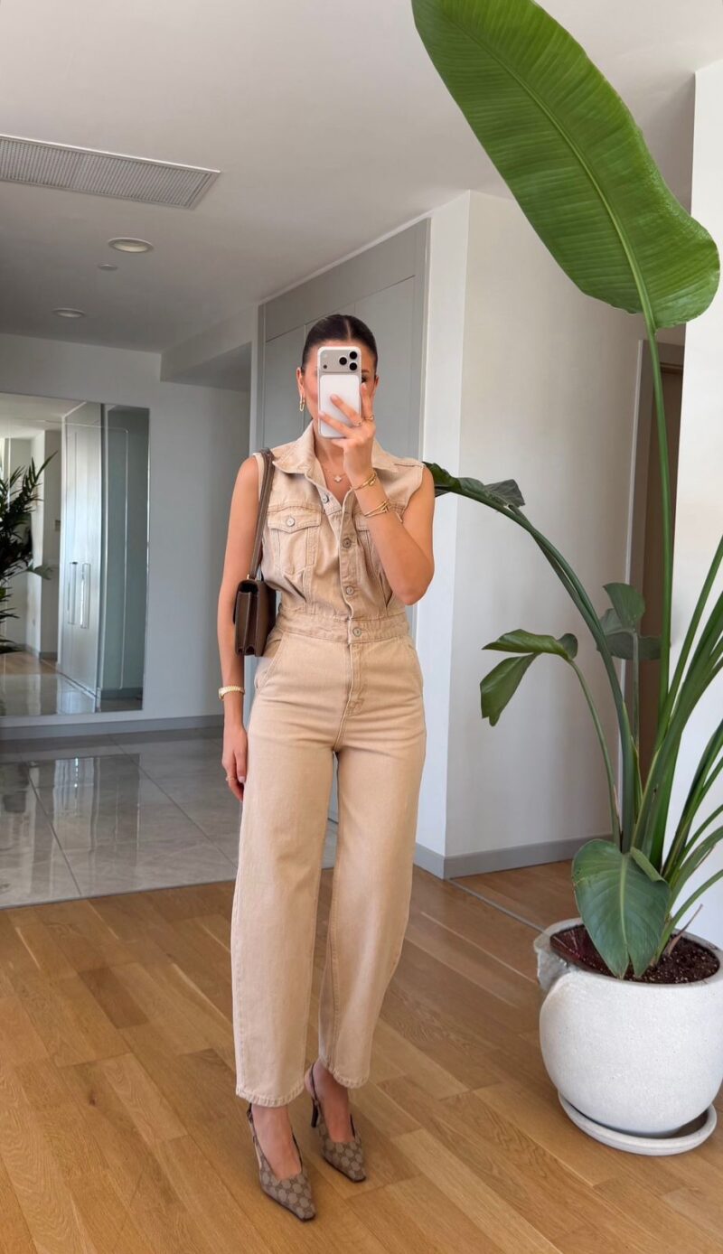 Sleeveless Beige Denim Jumpsuit