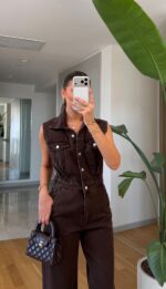 Sleeveless Brown Denim Jumpsuit - Image 2