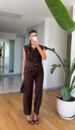 Sleeveless Brown Denim Jumpsuit